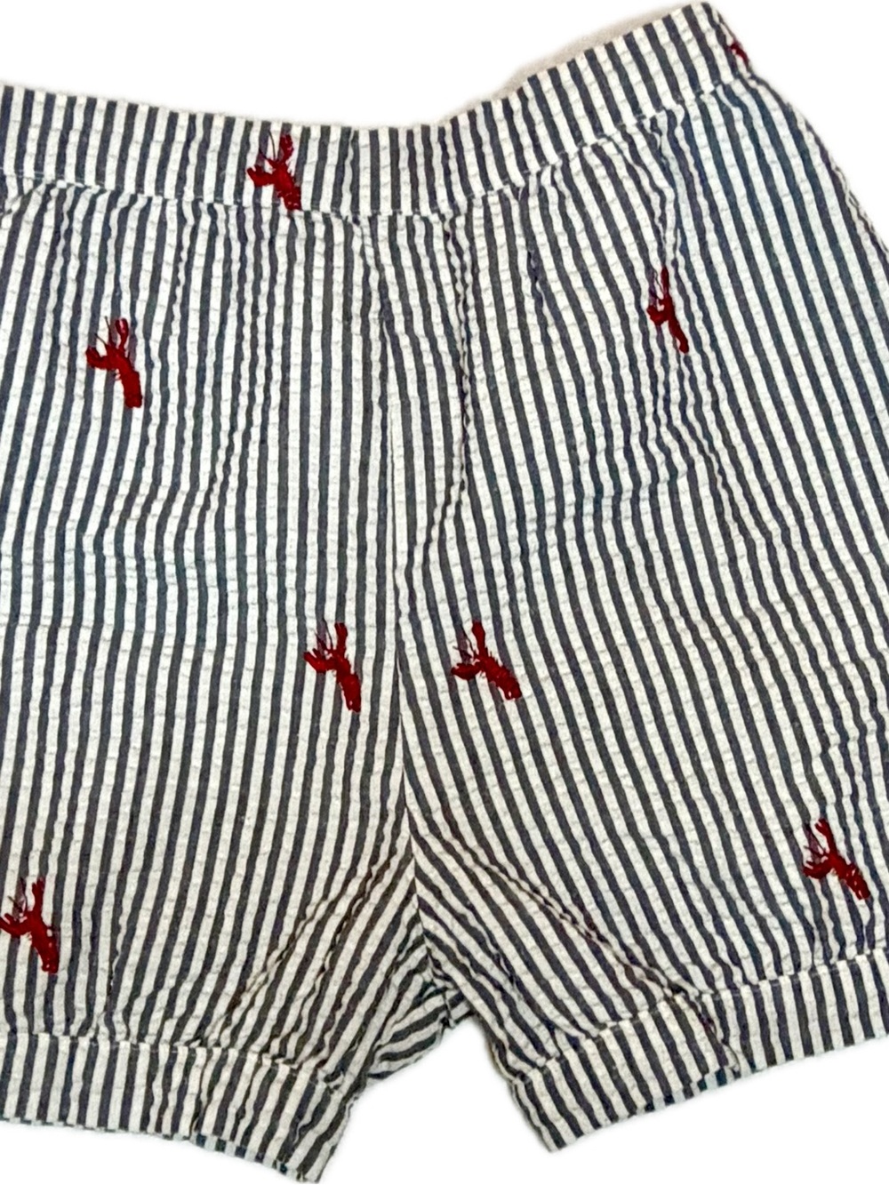 Kellys Kids Striped Seersucker Shorts with Red Embroidery Lobster Crawfish Cute